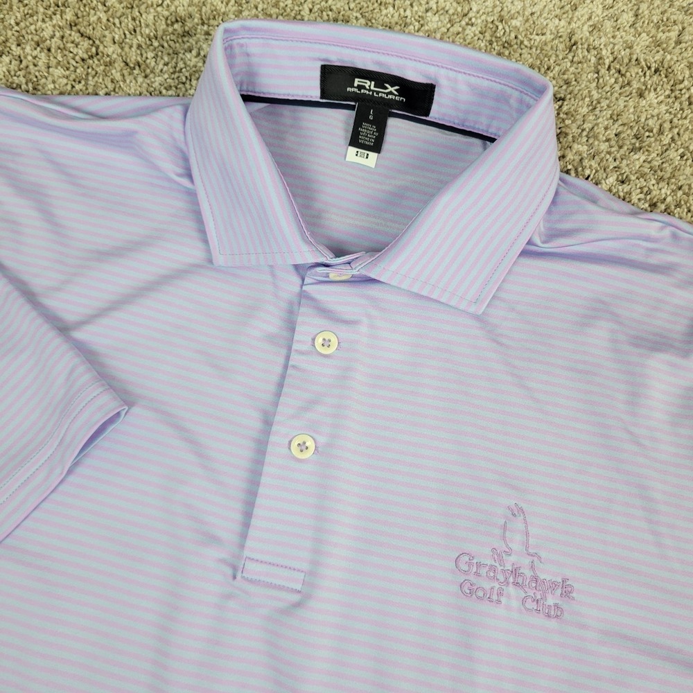 RLX Ralph Lauren Mens Large Blue Purple Striped Performance Stretch Golf Polo SS